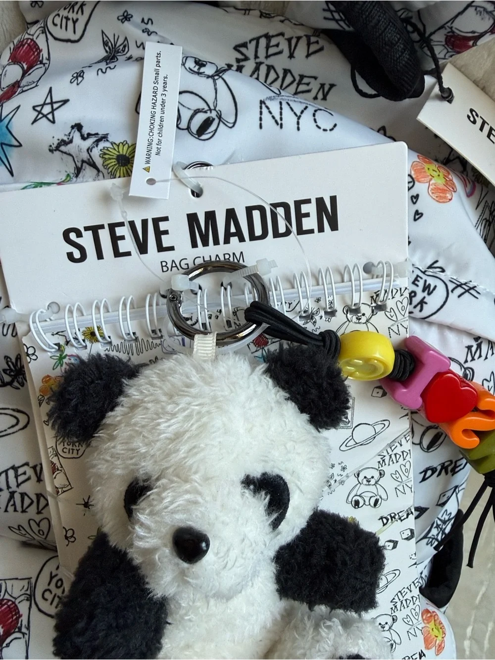 Steve Madden White Graphic Backpack with Panda Charm & Notebook
